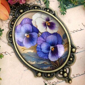 Purple Pansies Flower Necklace - Spring Floral Ornate Pendant - Antique Jewelry